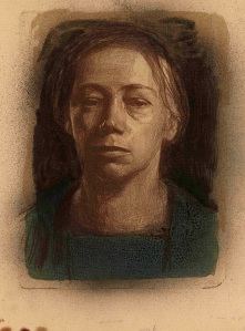 Selbstbildnis en face (Self-portrait, full face) by Käthe Kollwitz. 1904 Lithograph, printed in chocolate-brown with green and ochre tint-stones, overworked with black wash, on thick textured cream paper. The British Museum. © Käthe Kollwitz/DACS 2014